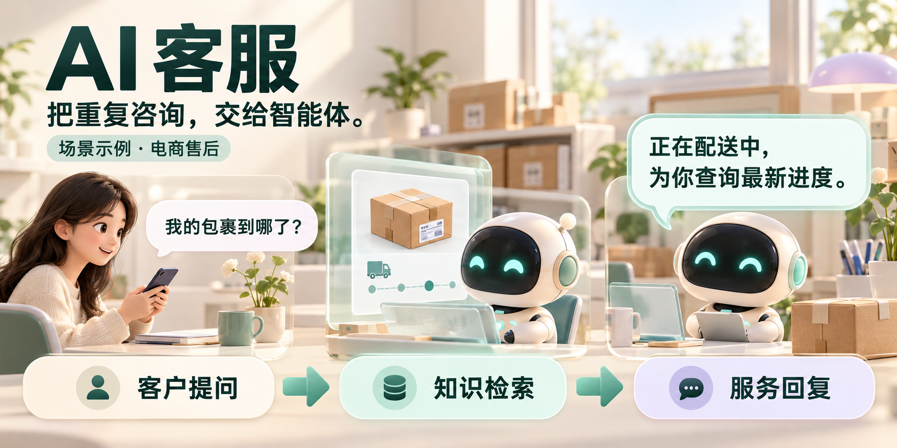 AI 客服应用场景示例：电商客户询问“我的包裹到哪了？”，智能体通过客户提问、知识检索、服务回复三步辅助售后查询，回复“正在配送中，为你查询最新进度”。示意图说明重复咨询的处理过程。