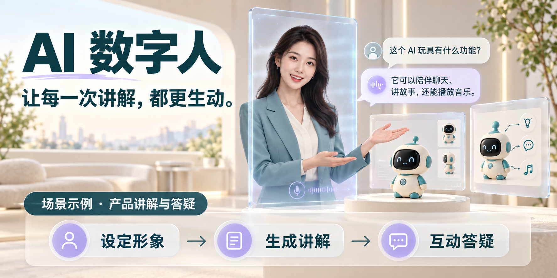 AI 数字人应用场景示例：透明显示屏中的成年数字主持人介绍 AI 玩具，配合产品讲解卡片与互动问答气泡，通过设定形象、生成讲解、互动答疑三个步骤展示数字人服务场景。