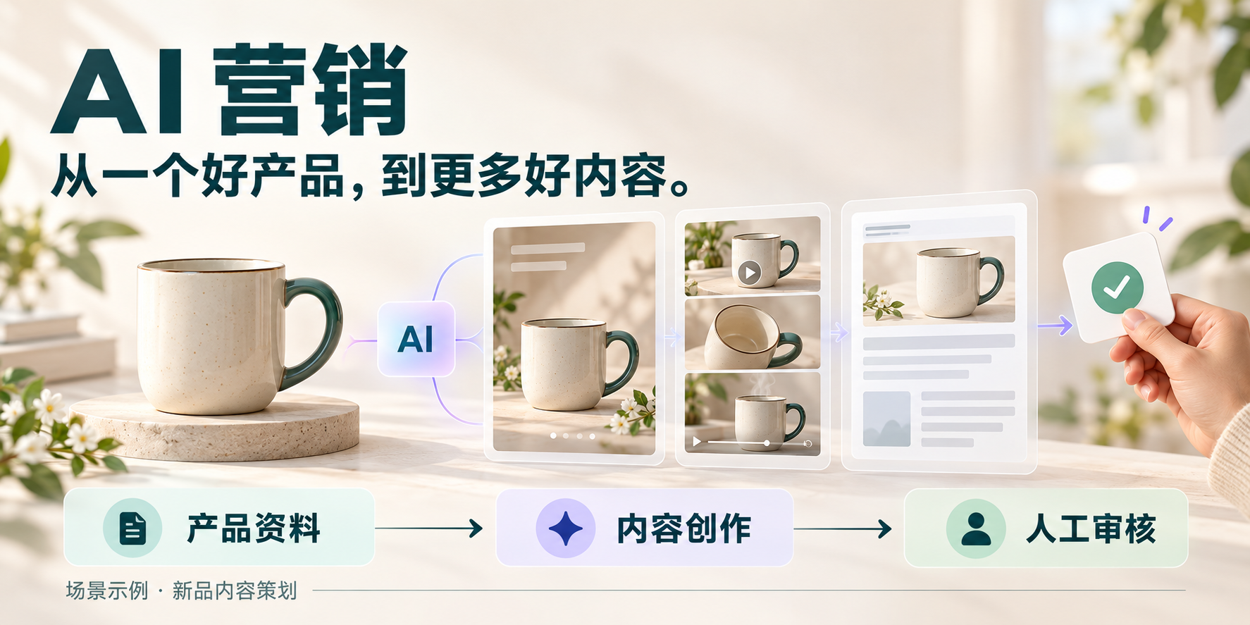AI 营销应用场景示例：以陶瓷杯新品为例，从产品资料到内容创作，再到人工审核，将产品信息转化为海报、短视频分镜和文章草稿，说明智能体如何辅助团队策划营销内容。