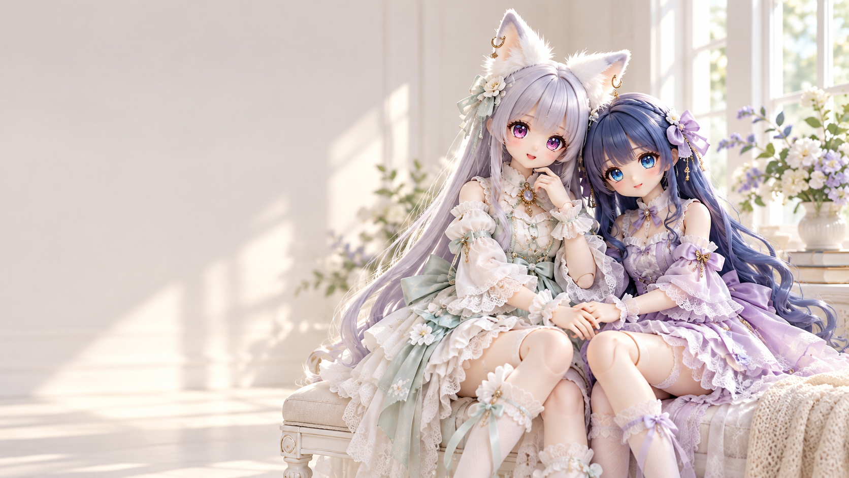 两位精致的智能 BJD 伙伴坐在温暖明亮的室内，展现 AI 角色陪伴产品的设计愿景