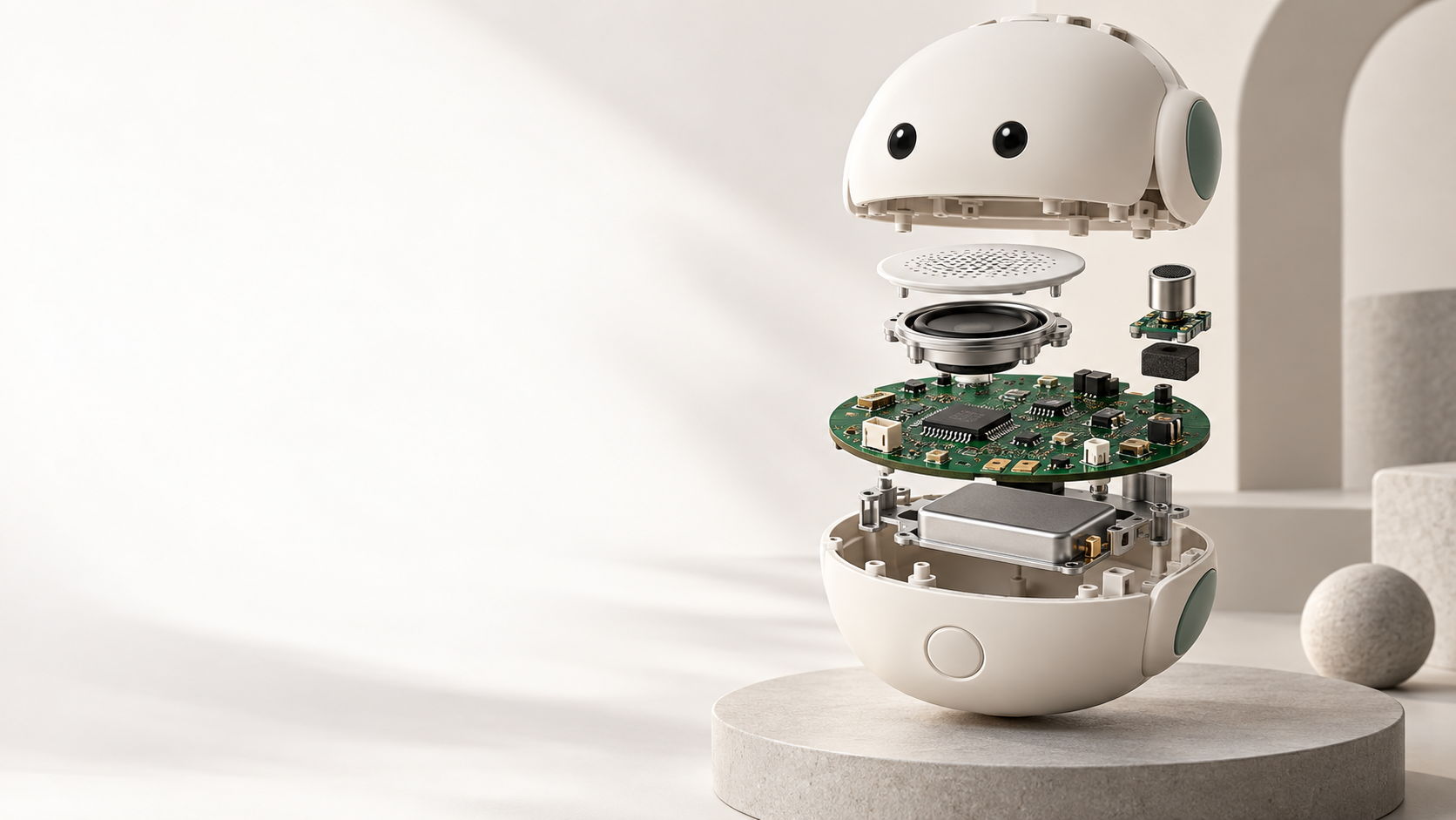 AI 陪伴玩具的电路板、扬声器、麦克风与白色外壳以精密分解结构展示