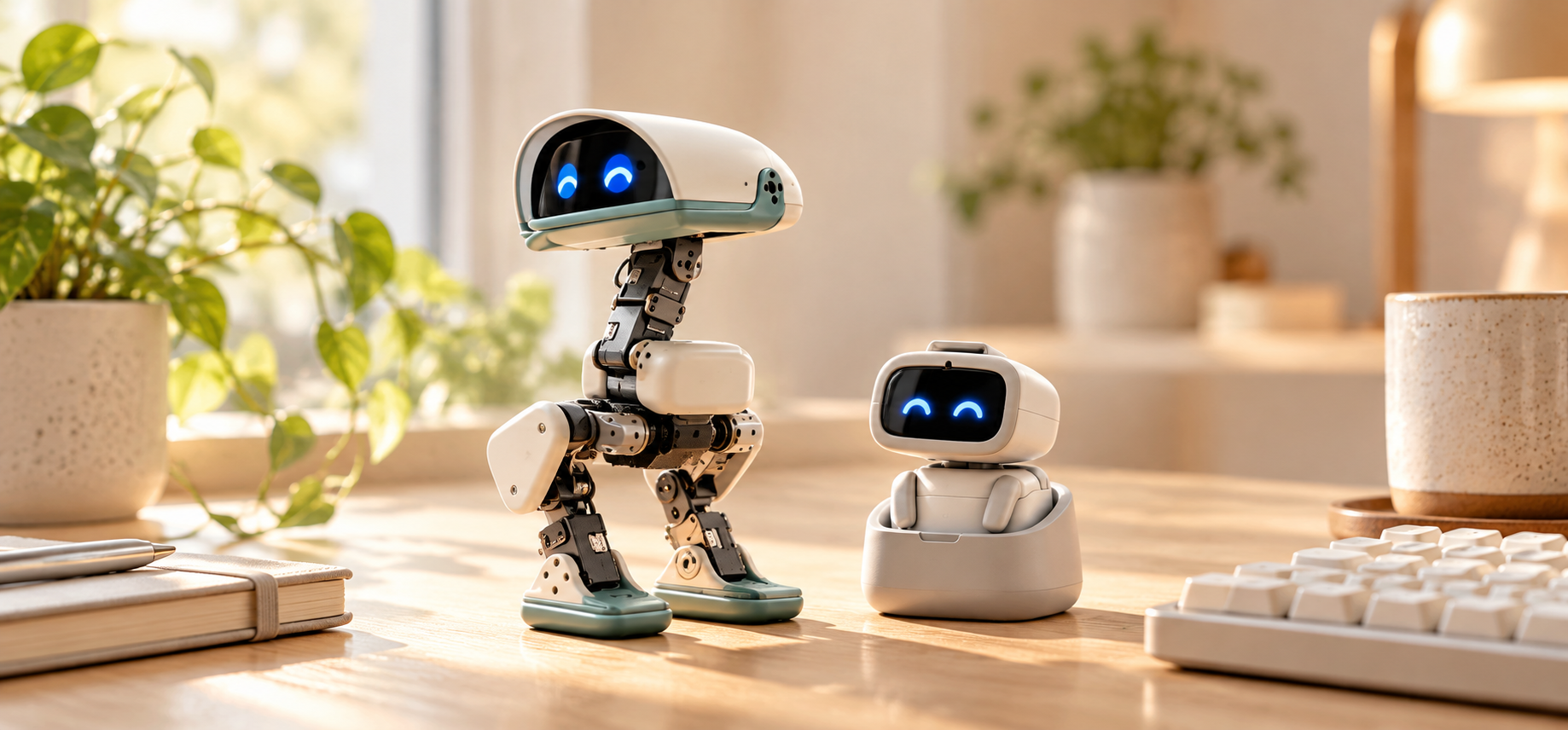 发米里 AI 桌面机器人概念视觉：一只奶油白与青绿色的双足小鸭形机器人，与座充中的迷你口袋机器人并肩站在阳光书桌上，黑色显示面板呈现蓝色笑眼。