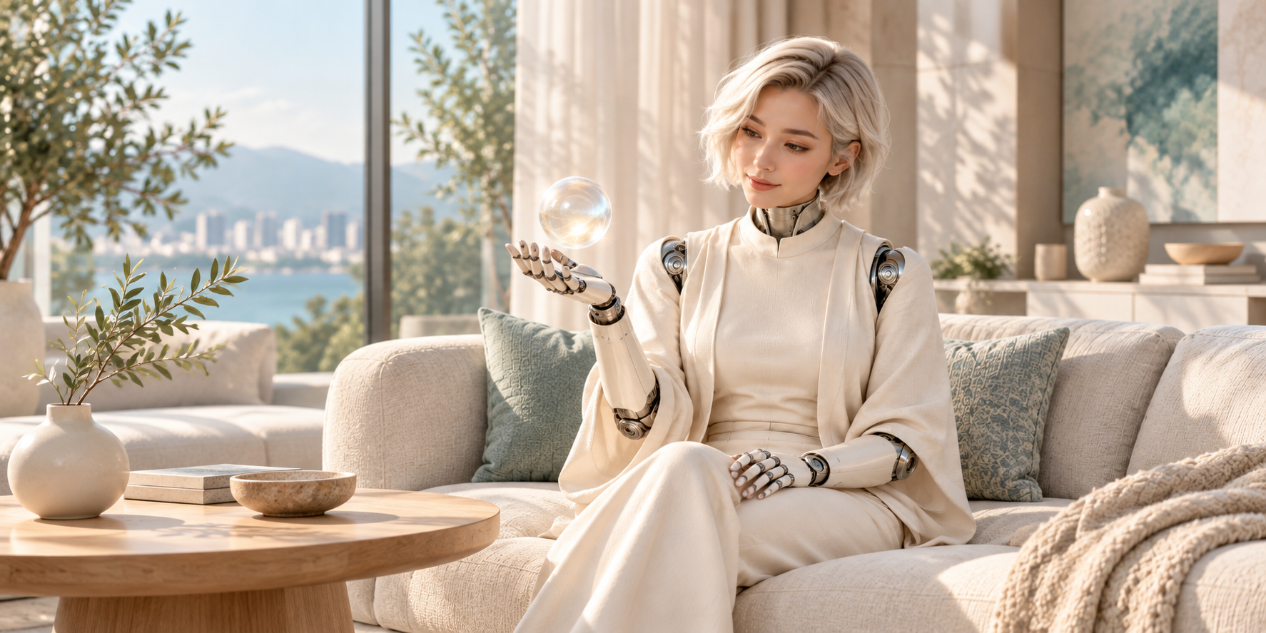 发米里 AI 仿生机器人概念视觉：短铂金发的成年女性外形机器人坐在阳光客厅中，银色机械颈部与手部精密关节清晰可见，掌心托起透明光球。