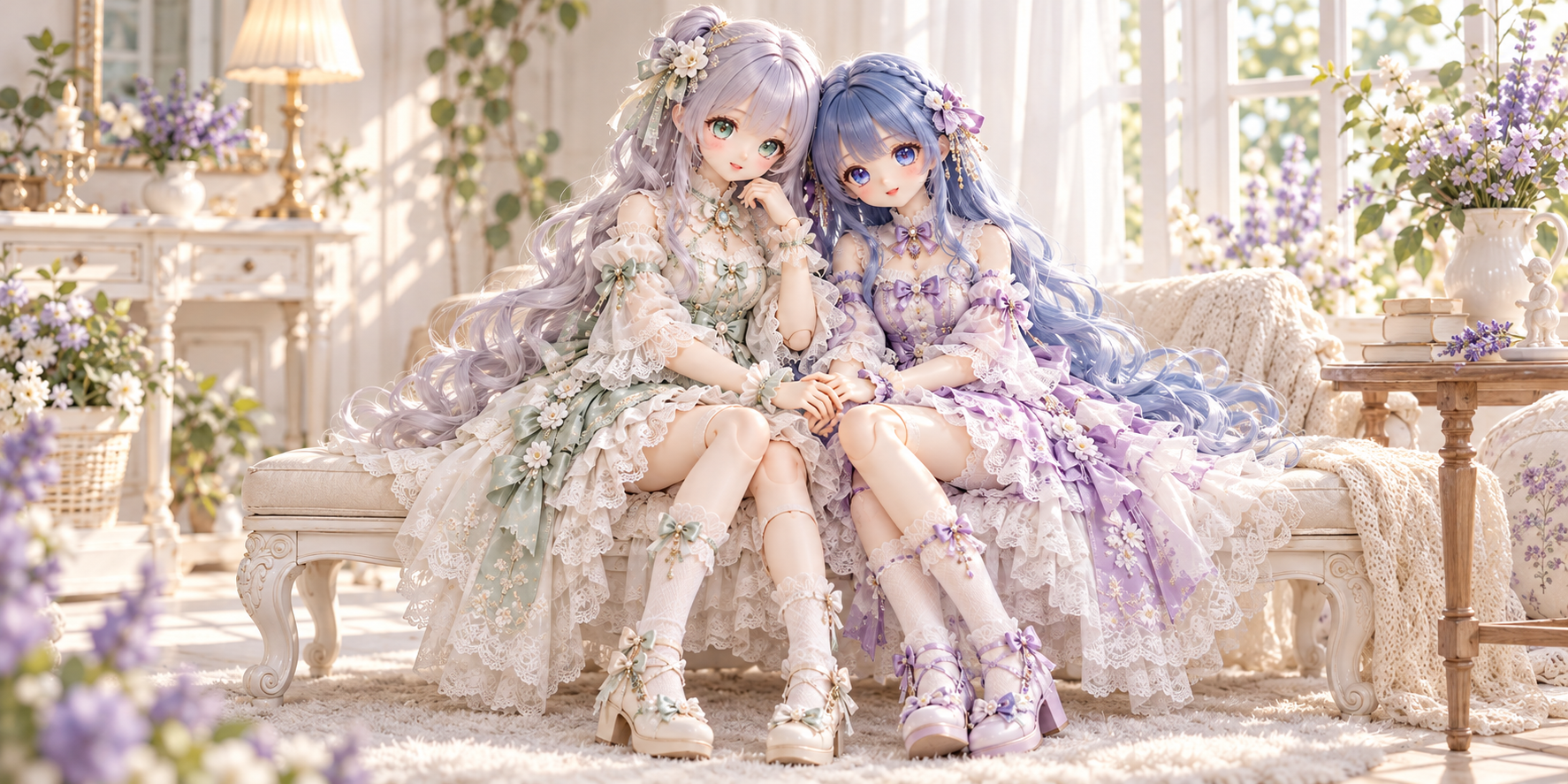 发米里 AI 潮玩与玩具概念视觉：两位原创 BJD 伙伴身着白色、鼠尾草绿与淡紫色精致蕾丝裙装，在柔和阳光下相依坐在浅色居家空间中，呈现温暖细腻的 AI 陪伴产品风格。